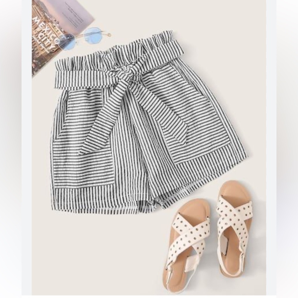 Zara Tie Waist Pinstripe Paperbag Shorts Charcoal White